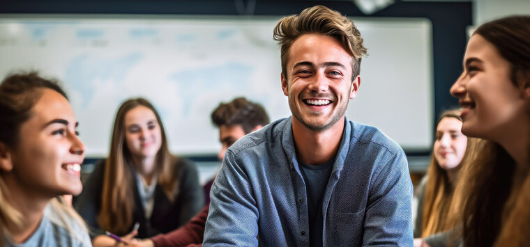 lachende Studenten in einem Kurs