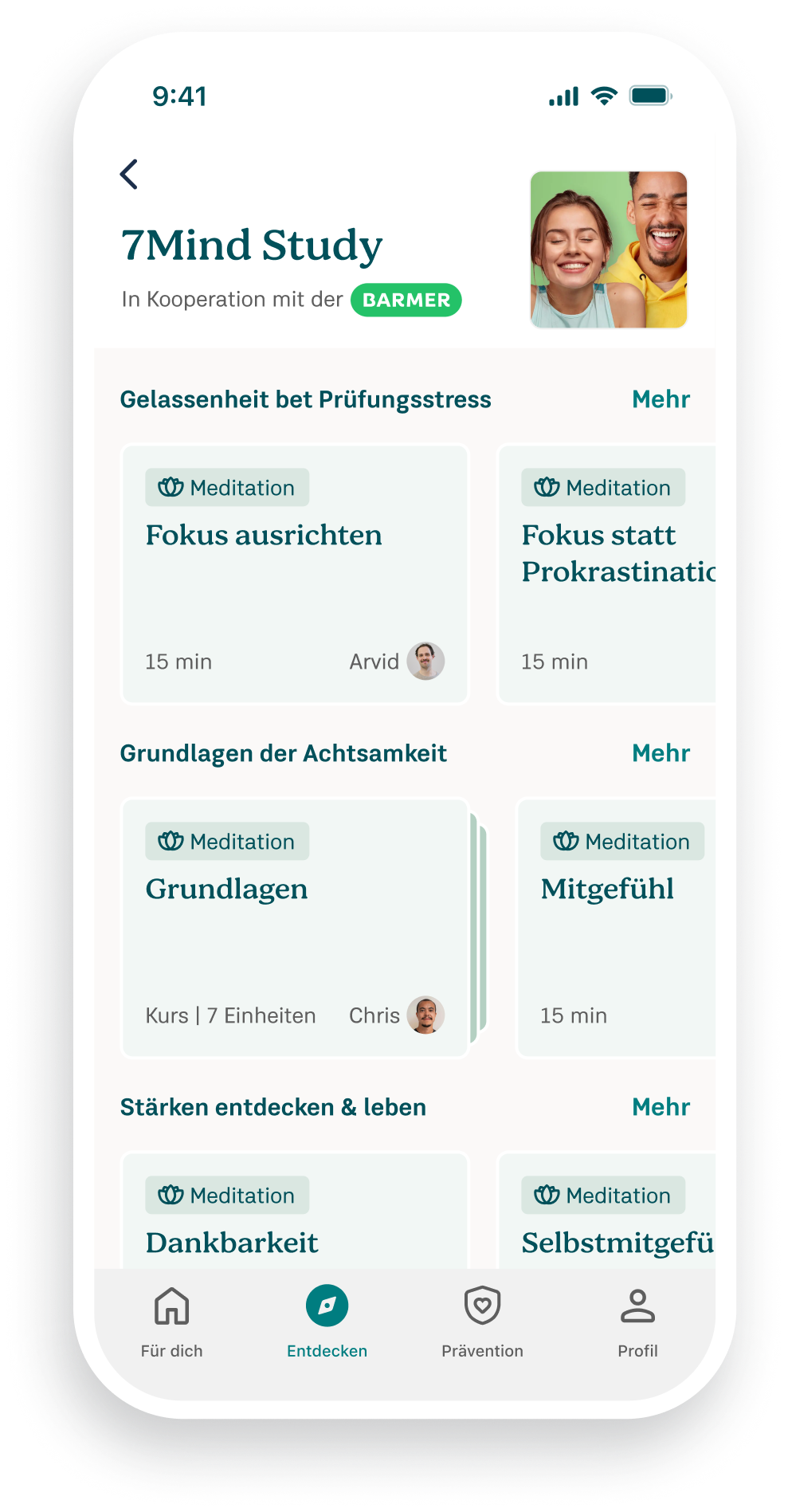 Screenshot der 7Mind Study App. Zu sehen sind Übungen zu verschiedenen Themenbereichen.